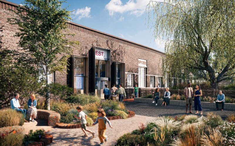 CGI image of a single-storey brick building with borders planted with lots of flowers and children playing