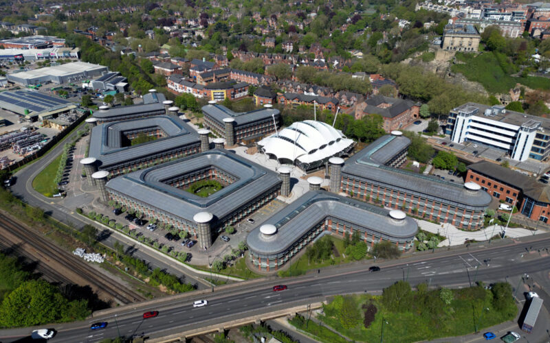 Aerial view of a series of buildings at the Castle Meadows Campus in Nottingham city centre