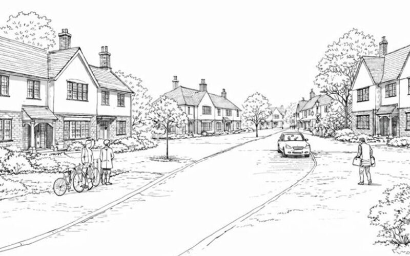 Outline sketch of a housing development with a large road running through the middle of it