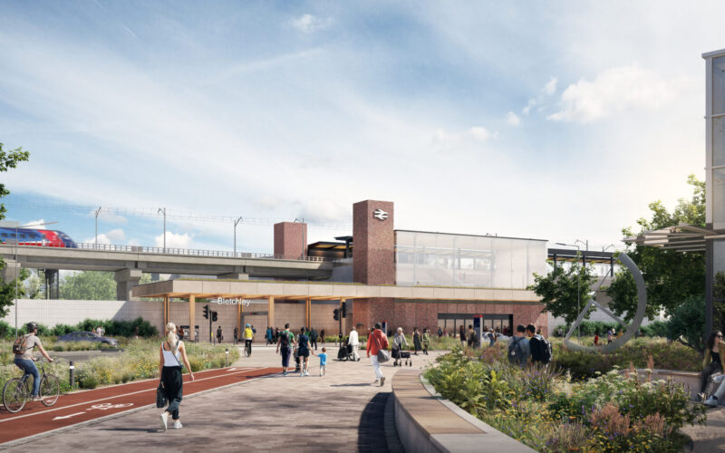 CGI of a new train station at Bletchley with public realm in the foreground