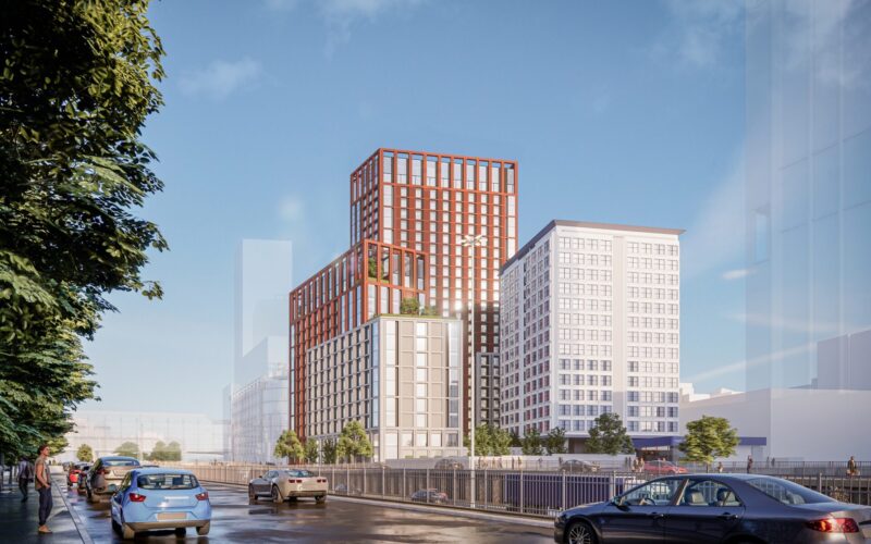 CGI image of a new mixed-use development comprising four buildings of varying heights and colours