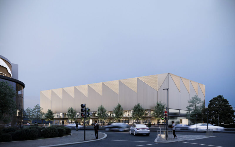 CGI of Compound's new self-storage led-facility in Guildford located on a busy main road with traffic lights