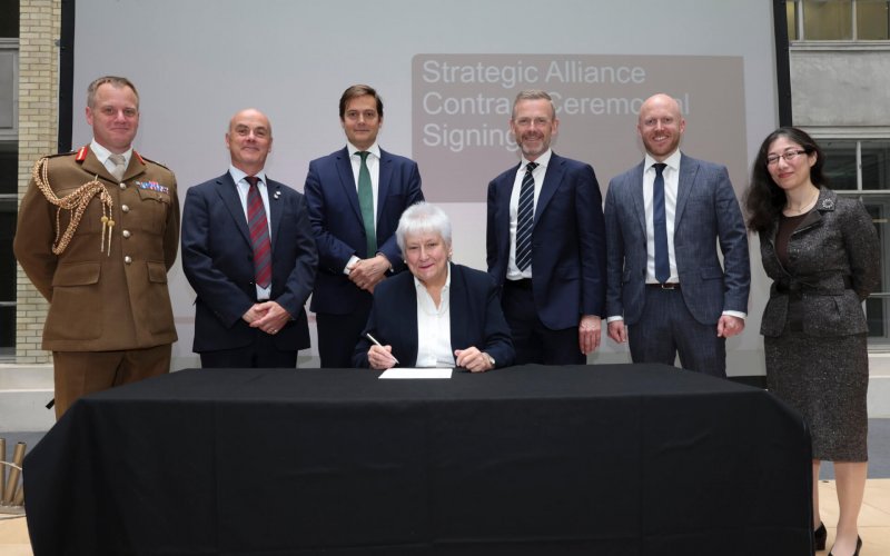 Minister of State Baroness Goldie signs the Strategic Alliance Contract at a cermony held inside memorial hall, MoD Main Building.