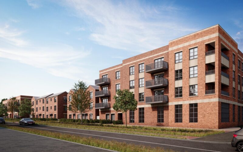 CGI of a row of brick built residential buildings along a main road forming part of Dandara's Fishponds development in Bristol