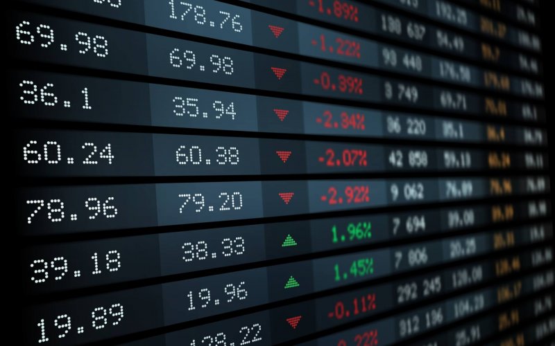 Stock exchange board with market index, vector graphs and charts. Stock market ticker display or screen indicators with financial trade prices, share volume and change direction, finance and business