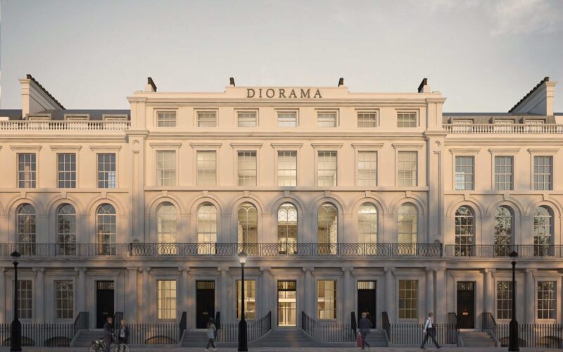 CGI image of an historic stone diorama building with period features