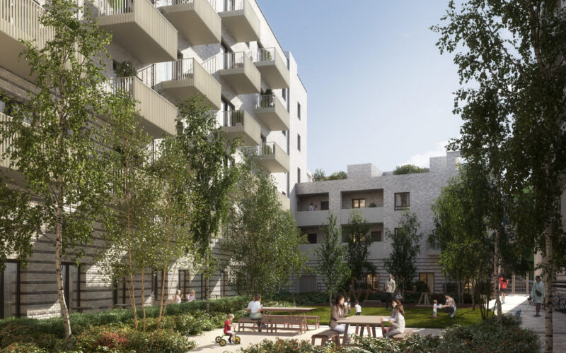 CGI image of a series of residential buildings with green planting and trees