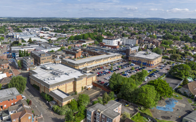 Aerial view of Duke's Walk Shopping Centre in Waterlooville surrounding by houses and lots of greenery