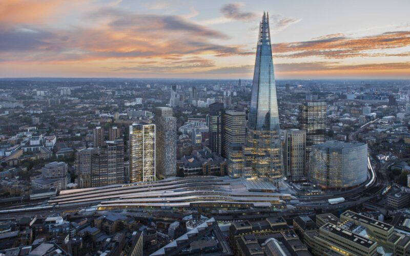 Aerial view of the London skyline and the area surrounding London Bridge train station with the Shard in the middle