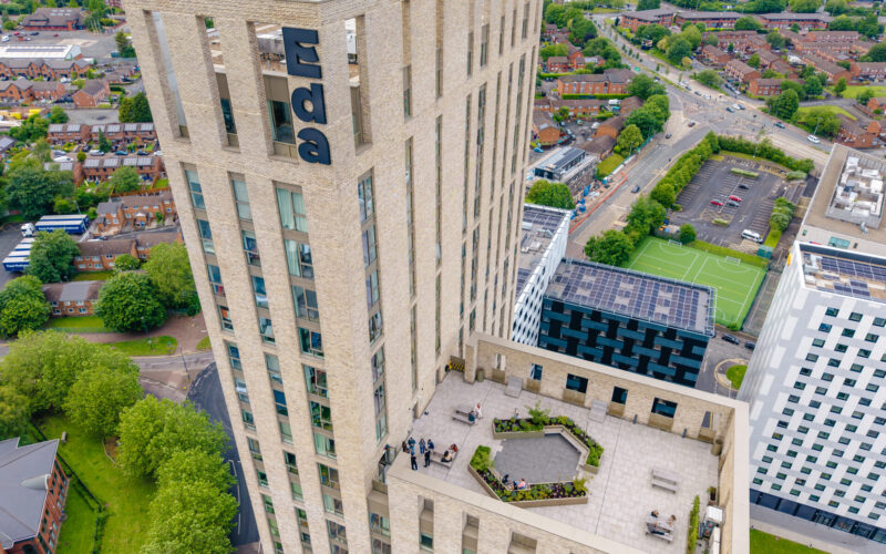 Exterior picture of a large BTR tower in Salford with smaller tower alongside