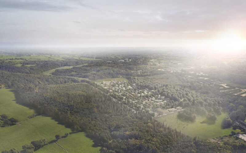 CGI aerial image of fields with a hazy skyline and a residential and industrial development in the distance