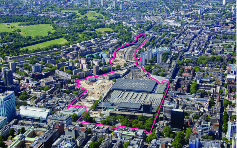 Ariel view of an area surrounding Euston train station in London with a red outline highlighting the development site