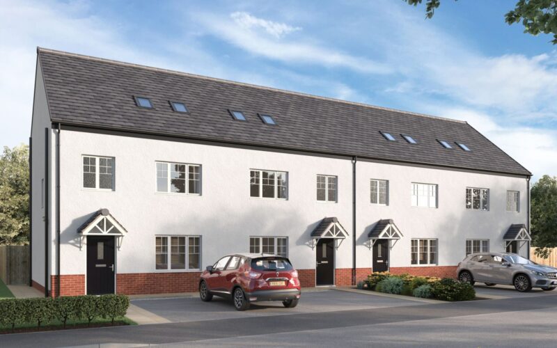 CGI of new PRS homes being built by Avant Homes for Thriving Investments. The white, brick built terraced buildings have parking out front