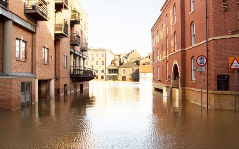 Looking,Down,An,Old,Flooded,Street,In,York,England,,Looking