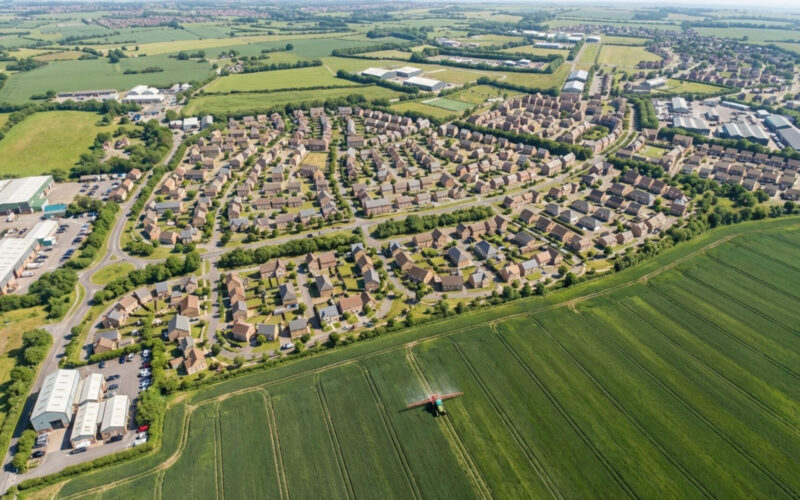 CGI aerial image showing lots of homes surrounded by green fields
