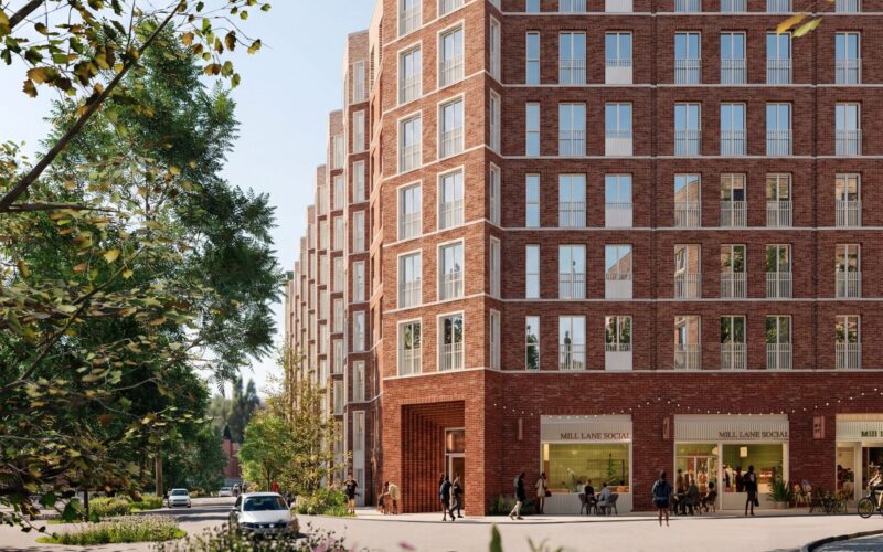 CGI of a fairly high rise brick built building with trees and greenery in the foreground