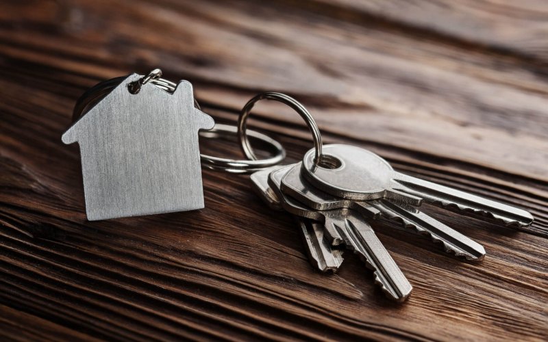 Estate,Concept,,Keychain,With,House,Symbol,,Key,On,Wooden,Background