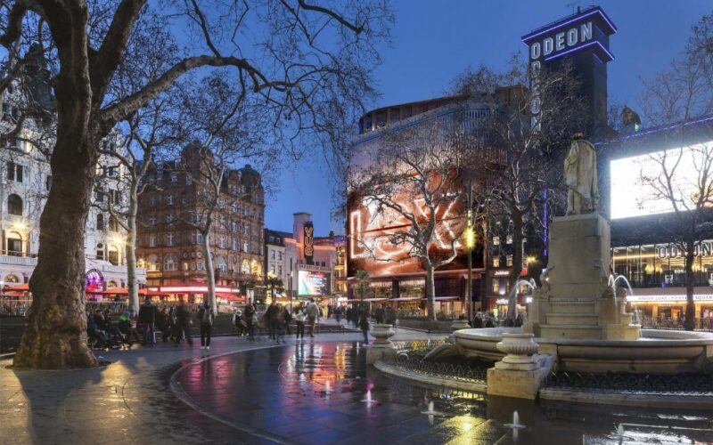 Evening view across Leicester Square to the proposed LSX visitor attraction