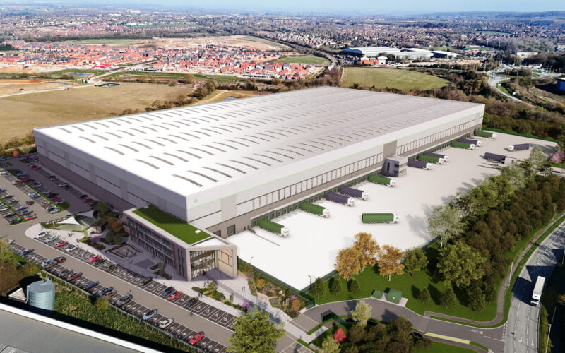 CGI aerial view of a large warehouse featuring car parking and a large yard with housing estates in the background