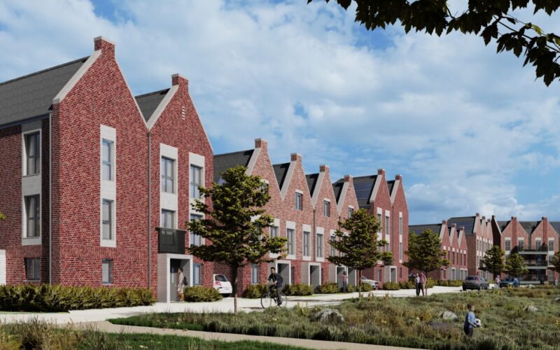 CGI image of a row of single-family brick built houses with green gardens at the front