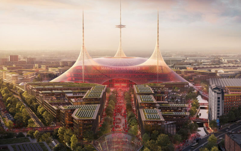 A CGI image of Manchester United's new stadium featuring rising spires surrounded by new homes