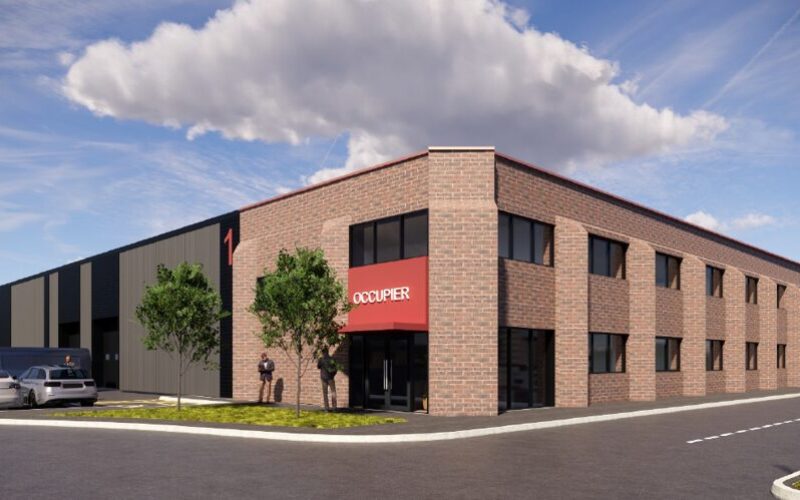 CGI of a low-rise brick built industrial building