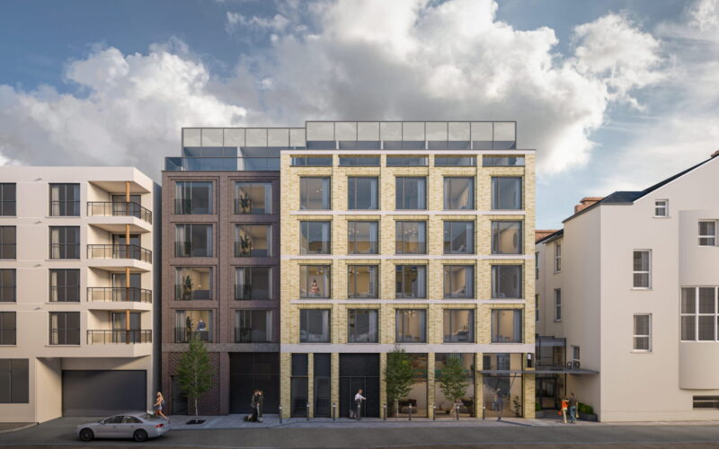 CGI image of a fairly low rise modern building with a cloudy sky