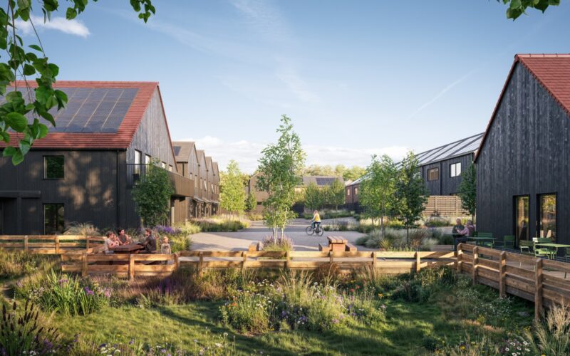 CGI of a residential development featuring a series of buildings and green planted space