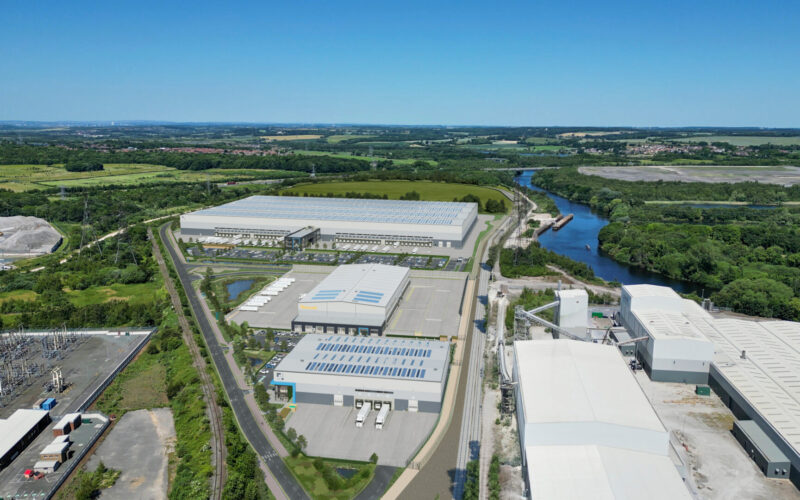 CGI aerial view of a new industrial development surrounded by other industrial buildings
