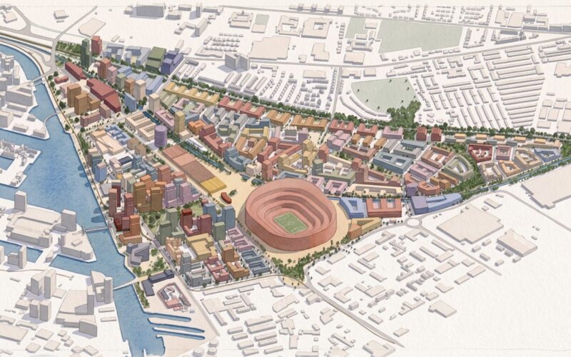 Aerial view artist's impression of a development featuring homes and a football stadium