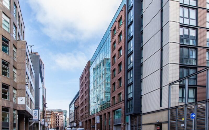 A street of tall office buildings in Glasgow including Optima, which is owned by Catella APAM