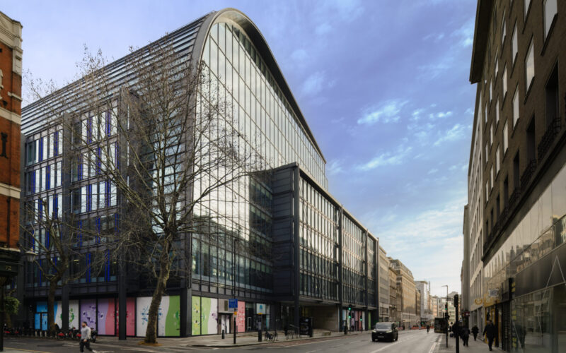 An office building with a glazed facade