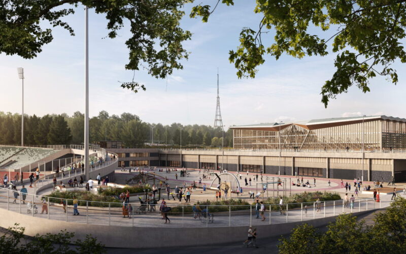 CGI of a sports facility featuring a stadium and running track filled with lots of people