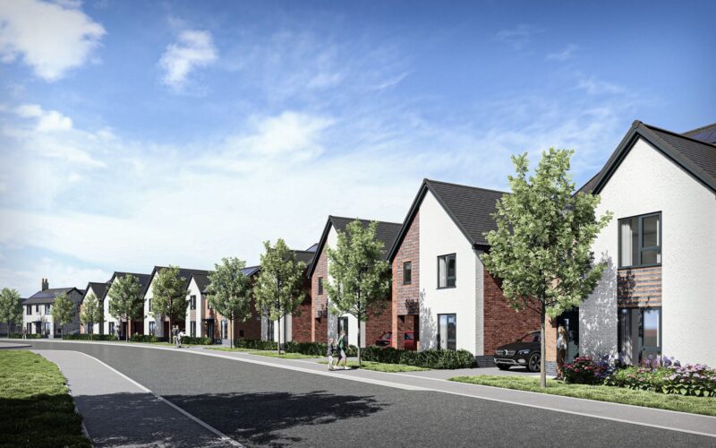 CGI of a new housing development with a road running in front of a row of houses