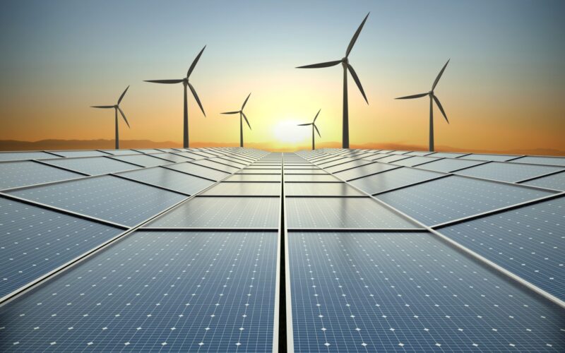 Clean,Energy,Concept,,Solar,Power,Plant,And,Wind,Turbines,At