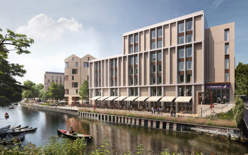 CGI of a modern new building situated on a riverbank