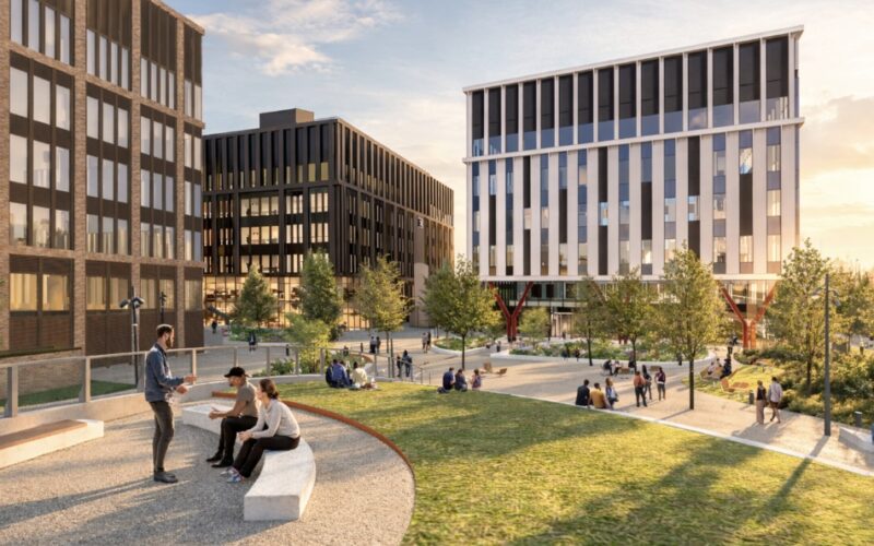 CGI of a series of low rise buildings with public realm and green space in the foreground