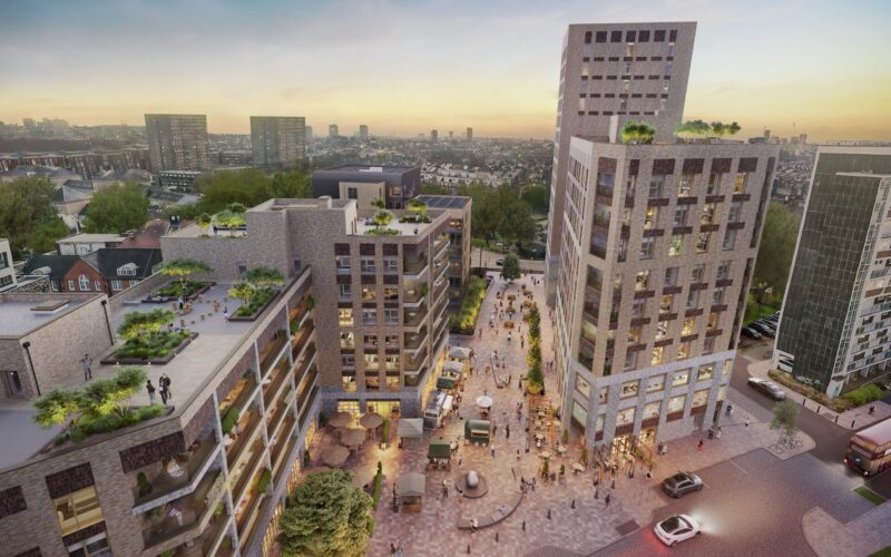 CGI aerial view featuring a low rise residential building to the left and a larger tower to the right set on a pedestrianised site with lots of people walking around