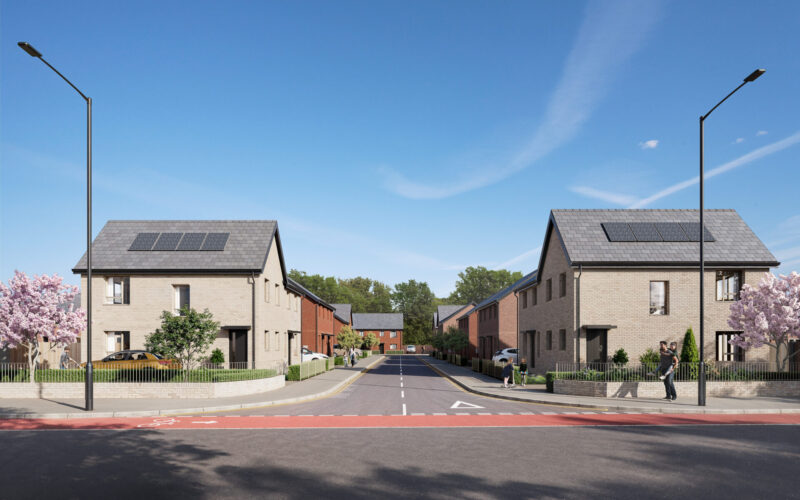 CGI image of a housing development with two homes flanking a main road