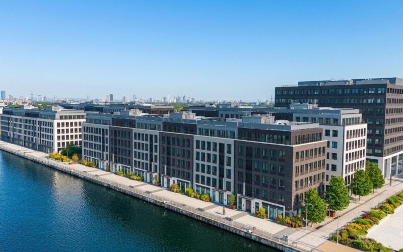A large fairly low rise building at Royal Albert Docks in East London with the docks to the front of the building
