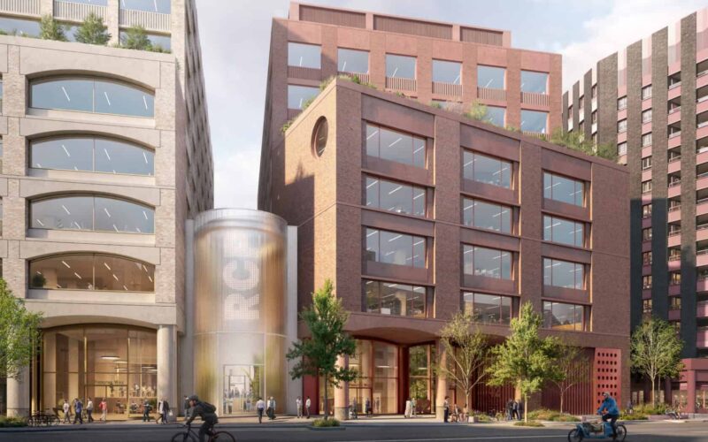CGI of the proposed Royal College Place development in London featuring two fairly low rise buildings with a main road in front