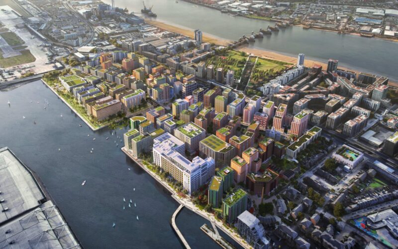 A CGI generated aerial view of a major new development at Silvertown in East London featuring a series of different buildings with a waterway running either side of the development
