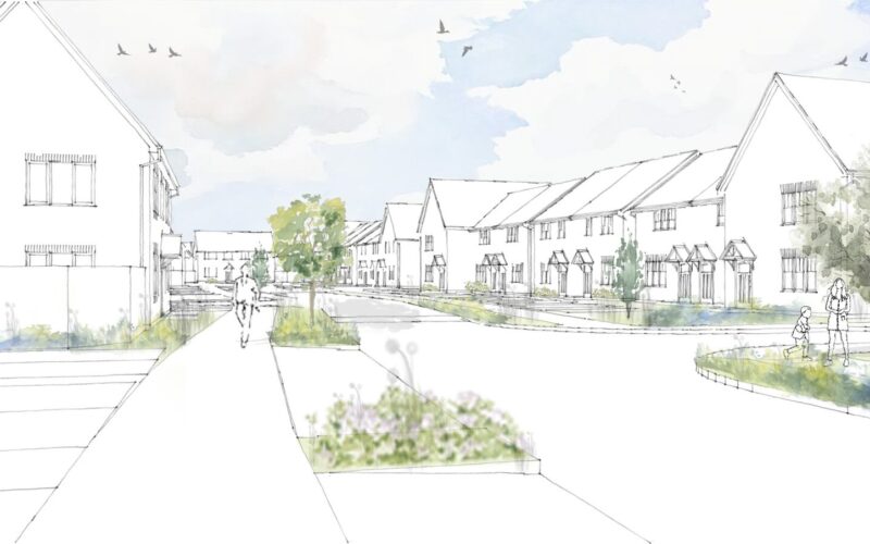 An outline drawing of a housing development featuring new homes and green public realm