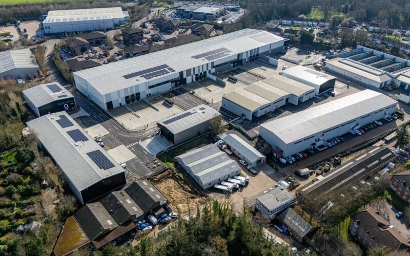 Aerial view of Hertford Logistics Hub which comprises a series of different sized warehouses