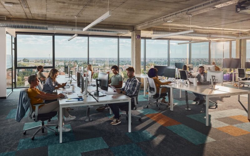Large group of programmers working in a modern office of a software company. Copy space.