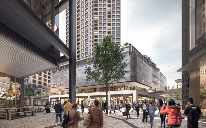 CGI of a series of buildings of varying heights with a cinema in the middle