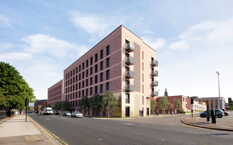 A CGI of the Foundry residential development in Bolton town centre with a main road running in front of the building