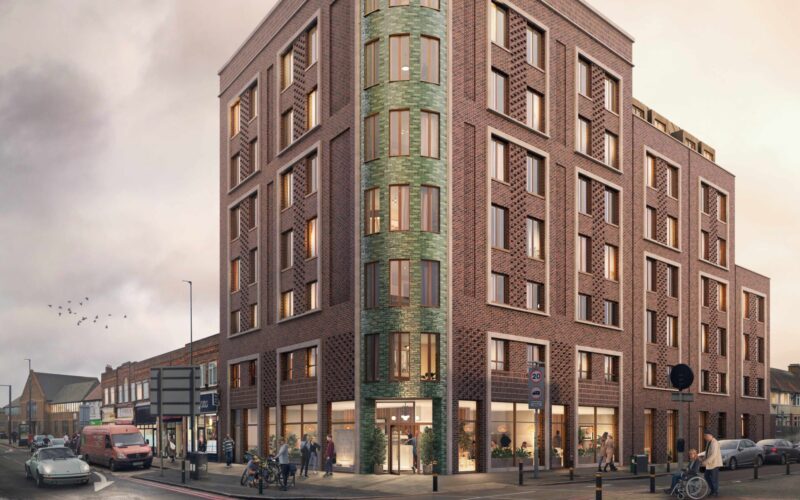 CGI of a modern looking building located on a corner site in Morden