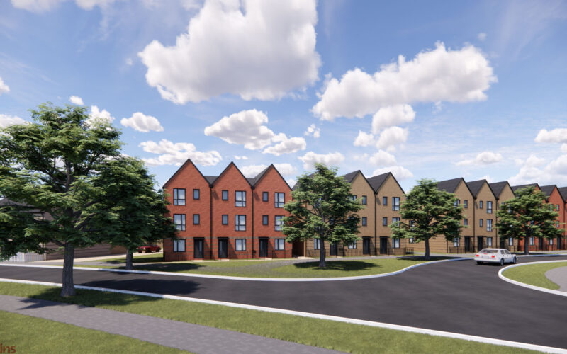 CGI of a new housing development with green space and a road in front of the row of houses