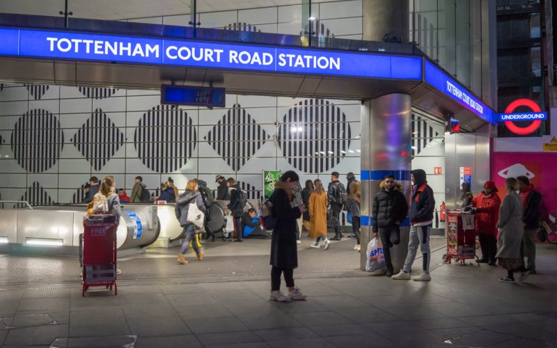 Tottenham,Court,Road,Underground,Station,Entrance,At,Night.,London,-